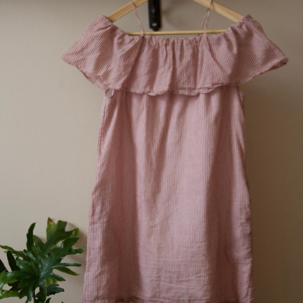 Little Remix Pink and White Striped off the shoulder mini dress